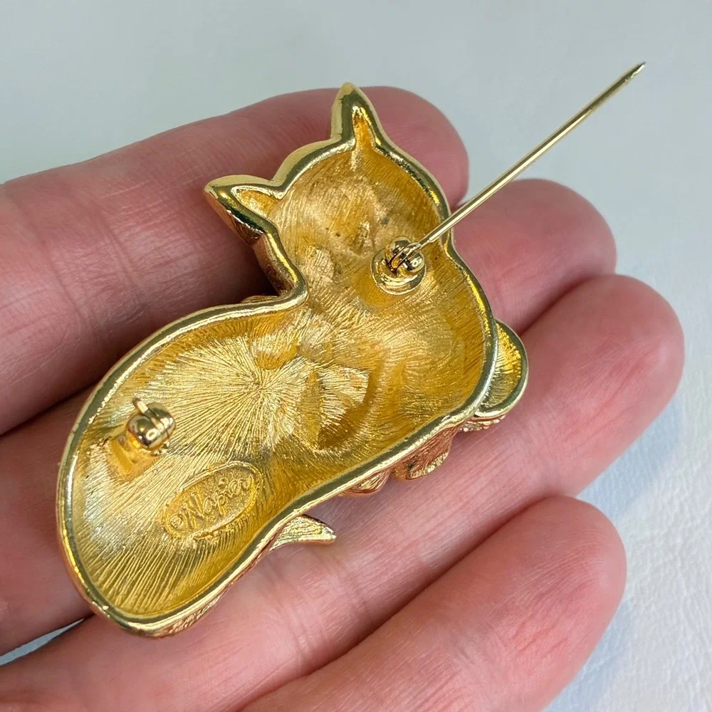 Napier Vintage Gold Tone Cat‎ Brooch Green Eyes Red Bow Rhinestone Yarn Ball